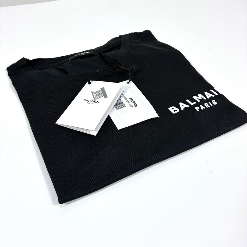 Balmain Cropped Eco-Designed Cotton T-Shirt Tee Flocked Logo Black XL NWT - Picture 11 of 14